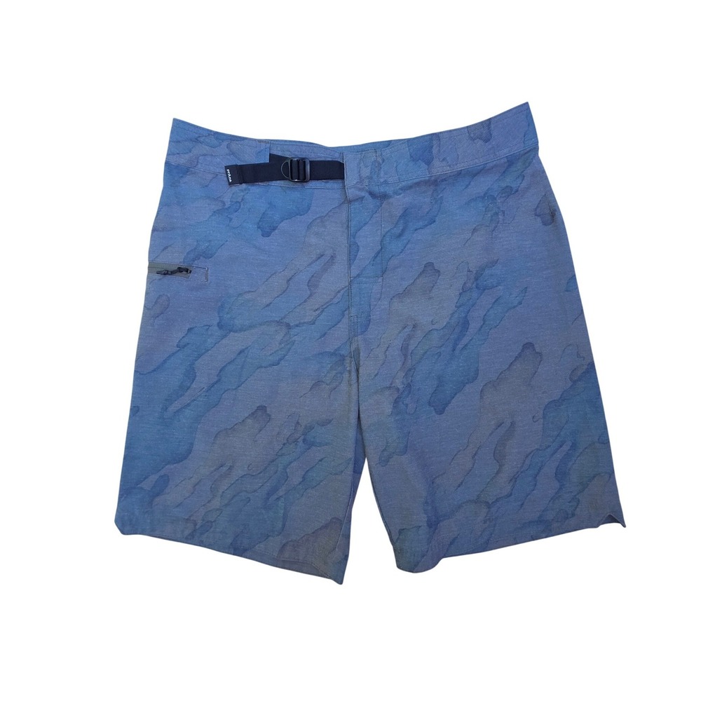 Prana Mens 31 Blue Camo Integrated Belt Hiking Outdoor Shorts Zipper Pockets